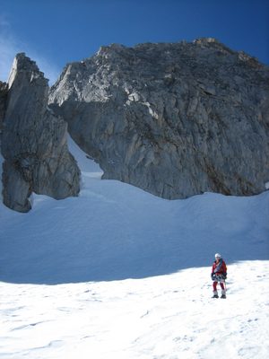 John, standing on the glacier below the North Couloir of...